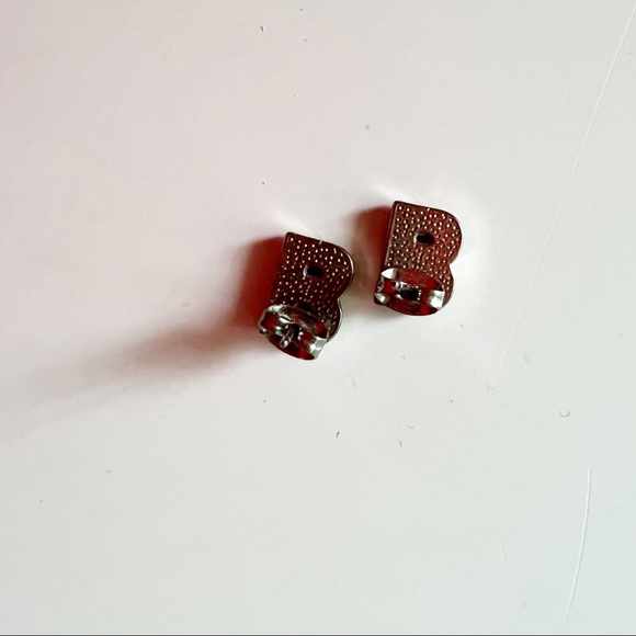 Silver Toned Sparkle B Stud Earrings - Picture 2 of 2